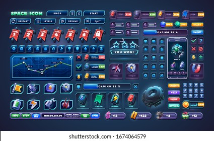 Big Set Buttons For Games And App. Glass Game UI Kit. Space Game Icon.