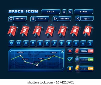 Big Set Buttons For Games And App. Neon Game UI Kit. Space Game Icon And Level Screen.