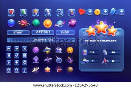 Big set buttons for games and app. Metal game UI kit. Space game icon .