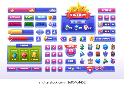 Big set buttons and icon for games design. Glass game UI kit. Vector game element isolated on white background.