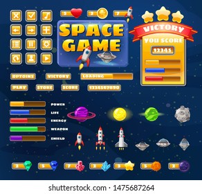 Big set buttons icons elements for Space game cartoon casual games and app. 2D video game UI kit icon for mobile games and background. Graphical user interface, GUI, menu. Vector isolated