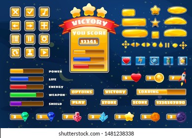 Big set buttons icons elements for Space game cartoon casual games and app. 2D video game UI kit icon for mobile games and background. Graphical user interface, GUI, menu. Vector isolated