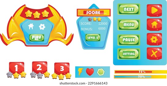 Big set buttons for UI buttons. Mobile application interface elements. 
Cartoon colorful design. Progress bar, panel and indicators.
 Video gaming menu Collection  for a fantasy game.