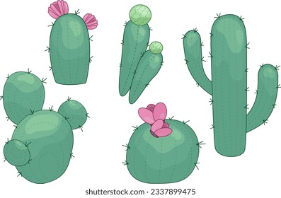 Big set of cacti and succulent elements. Vector icons hand drawn colored cactus and succulent. Sketch style isolated objects