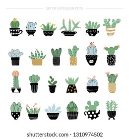 Big set with cacti and succulents in pots in scandinavian style, isolated on white background. Vector illustration.