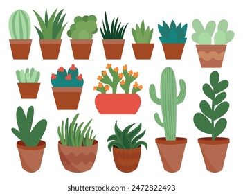 Big set with cactus and succulent plants vector flat