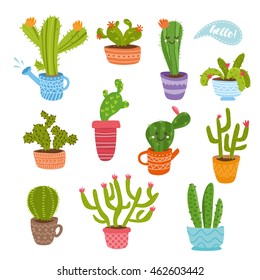 Big set with cactuses. Cartoon illustration with cactus in a pot. Green flower and nature, floral and exotic, wild botany tropical collection.
