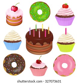 Big Set Of Cakes With Gradient Mesh, Vector Illustration