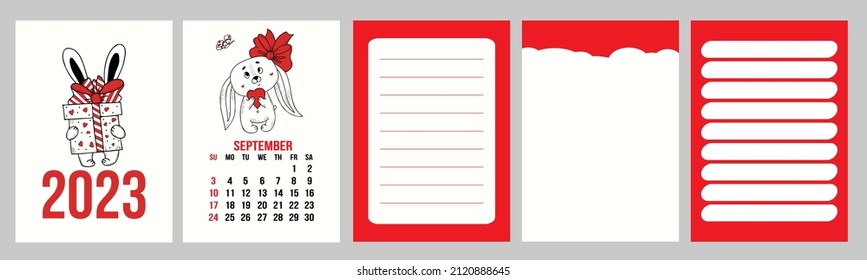 Big set calendar planner with cover for September 2023 with cute rabbit and pages, notes, control and to do list. Vector illustration. Week from Sunday. in english. year of rabbit to Chinese calendar