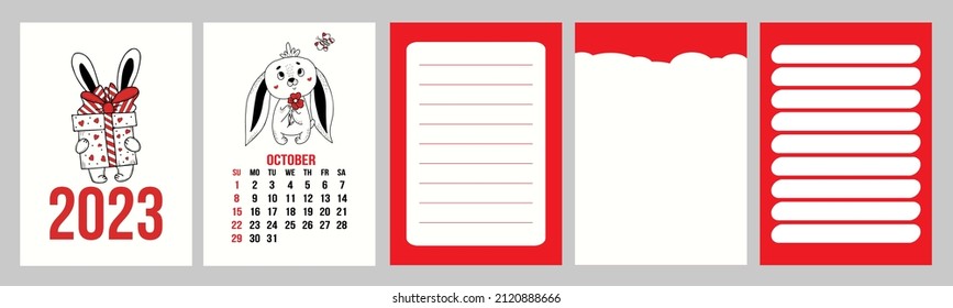 Big set calendar planner with cover for October 2023 with cute rabbit and pages, notes, control and to do list. Vector illustration. Week from Sunday. in english. year of rabbit to Chinese calendar