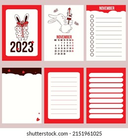 Big set calendar planner with cover for November 2023 with cute rabbit and pages, notes, control and to do list. Vector illustration. Week from Monday. in english. year of rabbit to Chinese calendar