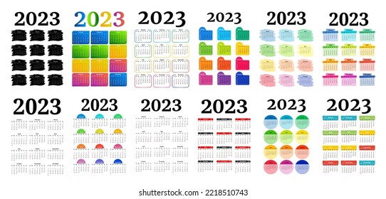 Big set of calendars for 2023 isolated on a white background. Sunday to Monday, business template. Vector illustration