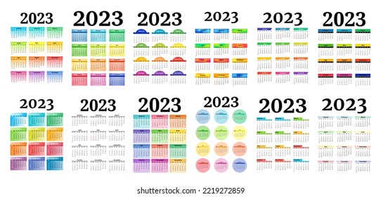 Big set of calendars for 2023 isolated on a white background. Sunday to Monday, business template. Vector illustration