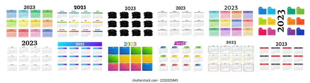 Big set of calendars for 2023 isolated on a white background. Sunday to Monday, business template. Vector illustration