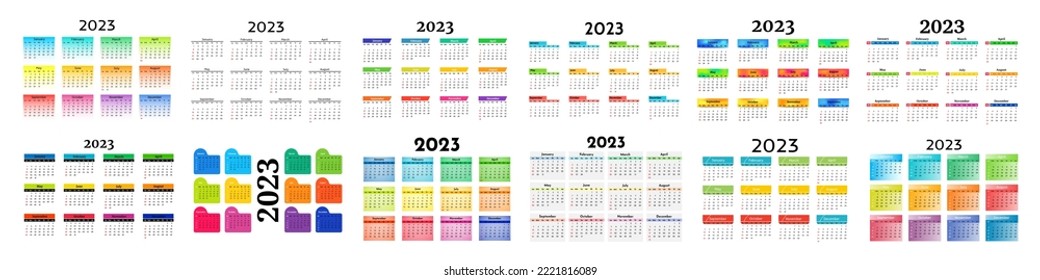 Große Reihe von Kalender für 2023 einzeln auf weißem Hintergrund. Von Sonntag bis Montag, Geschäftsvorlage. Vektorgrafik