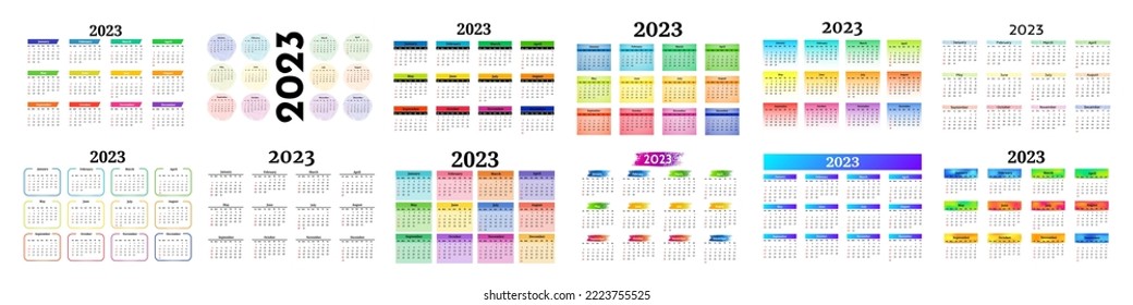 Big set of calendars for 2023 isolated on a white background. Sunday to Monday, business template. Vector illustration