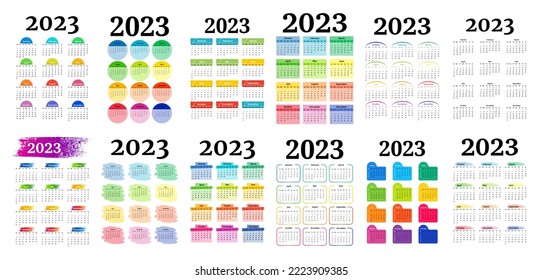 Big set of calendars for 2023 isolated on a white background. Sunday to Monday, business template. Vector illustration