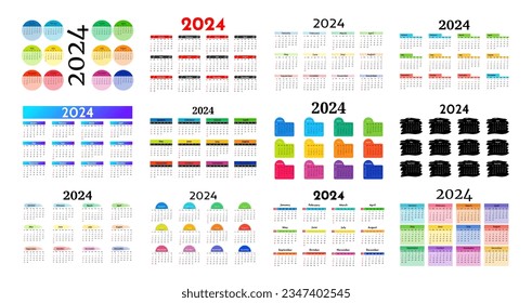 Big set of calendars for 2024 isolated on a white background. Sunday to Monday, business template. Vector illustration