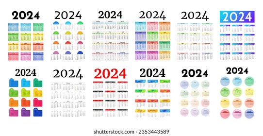 Big set of calendars for 2024 isolated on a white background. Sunday to Monday, business template. Vector illustration