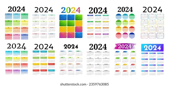Big set of calendars for 2024 isolated on a white background. Sunday to Monday, business template. Vector illustration