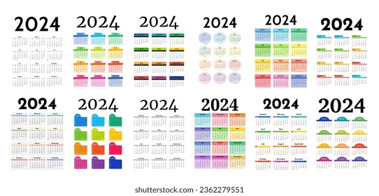 Big set of calendars for 2024 isolated on a white background. Sunday to Monday, business template. Vector illustration