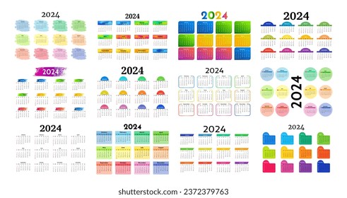 Big set of calendars for 2024 isolated on a white background. Sunday to Monday, business template. Vector illustration