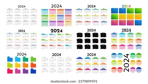 Gran conjunto de calendarios para 2024 aislados en un fondo blanco. De domingo a lunes, plantilla de negocios. Ilustración del vector