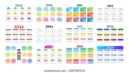 Big set of calendars for 2024 isolated on a white background. Sunday to Monday, business template. Vector illustration