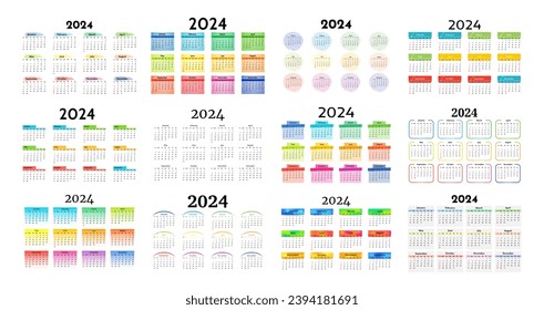 Big set of calendars for 2024 isolated on a white background. Sunday to Monday, business template. Vector illustration