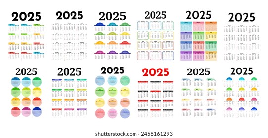 Big set of calendars for 2025 isolated on a white background. Sunday to Monday, business template. Vector illustration