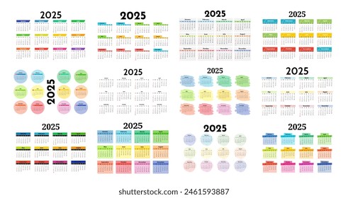 Big set of calendars for 2025 isolated on a white background. Sunday to Monday, business template. Vector illustration