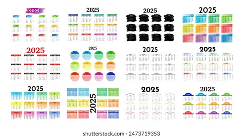 Big set of calendars for 2025 isolated on a white background. Sunday to Monday, business template. Vector illustration