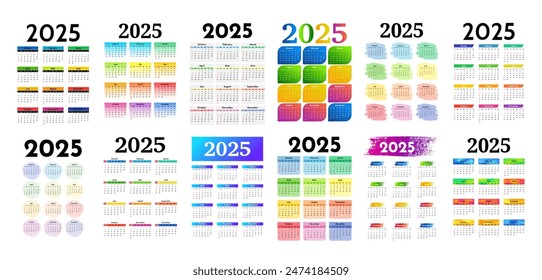 Big set of calendars for 2025 isolated on a white background. Sunday to Monday, business template. Vector illustration