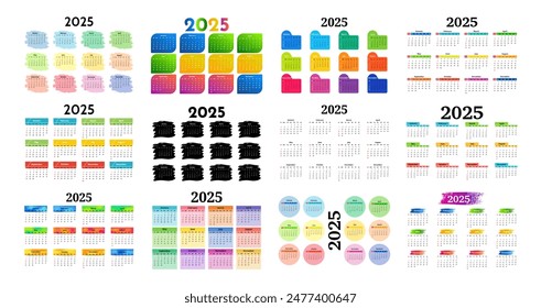 Big set of calendars for 2025 isolated on a white background. Sunday to Monday, business template. Vector illustration