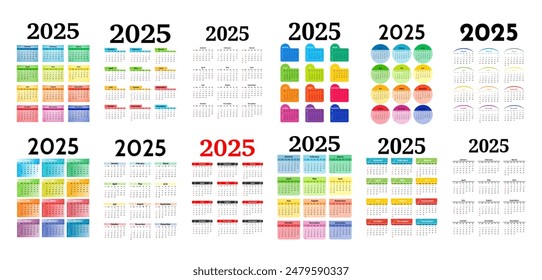 Gran conjunto de calendarios para 2025 aislados sobre un fondo blanco. De domingo a lunes, Plantilla de negocios. Ilustración vectorial