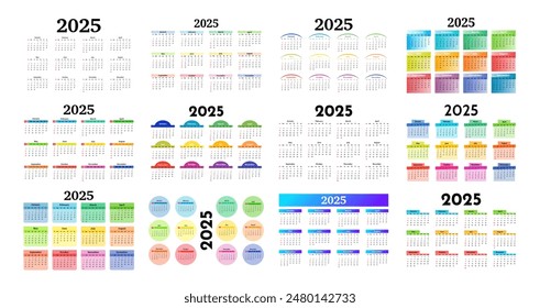 Big set of calendars for 2025 isolated on a white background. Sunday to Monday, business template. Vector illustration