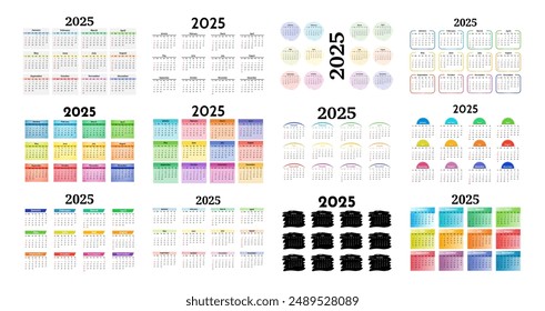 Big set of calendars for 2025 isolated on a white background. Sunday to Monday, business template. Vector illustration