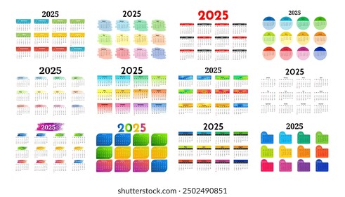 Big set of calendars for 2025 isolated on a white background. Sunday to Monday, business template. Vector illustration