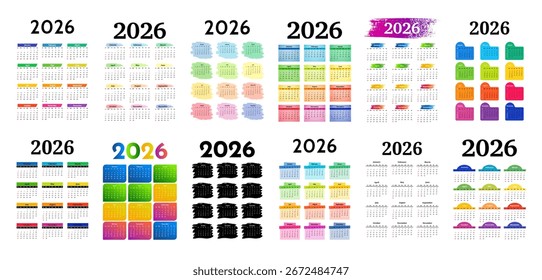 Große Kalendergruppe für 2026 einzeln auf weißem Hintergrund. Sonntag bis Montag, Geschäftsvorlage. Vektorgrafik