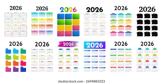 Gran conjunto de calendarios para 2026 aislados sobre un fondo blanco. De domingo a lunes, Plantilla de negocios. Ilustración vectorial