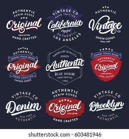 Gran grupo de California, Vintage, Brooklyn, Denim, Original y Auténtico escrito a mano para etiquetas, insignia, letra tee. Denim usa. Diseño de ropa. Estilo vintage. Ilustración del vector