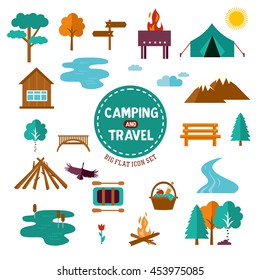 Big set of camp and travel symbols and icons. Collection with tent, trees, mountains sign.