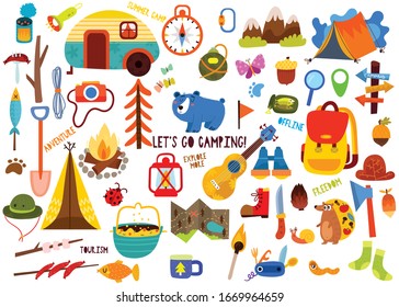 Big set of camping elements and cute animals in hand drawn style. Summer collection with camping equipment.