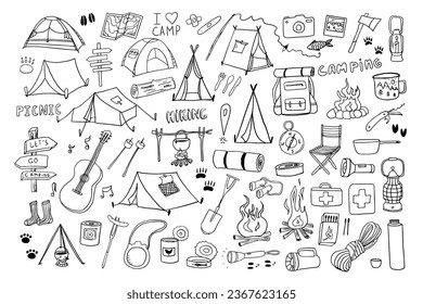 Big set of camping and hiking elements in doodle style. Picnic, travel accessories and equipment. Travel design. Adventure. Hand drawn vector illustration Great for prints, poster, cute stationery