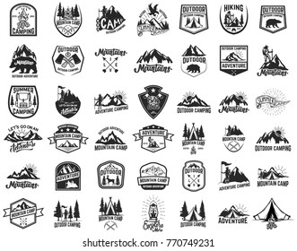 Big set of camping, hiking, tourism emblems. Design element for emblem, sign, label, poster. Vector illustration