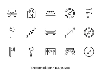 Big set of camping line icons. Vector illustration isolated on a white background. Premium quality symbols. Stroke vector icons for concept or web graphics. Simple thin line signs. 