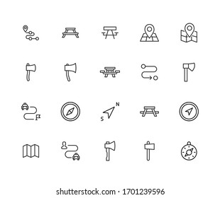 Big set of camping line icons. Vector illustration isolated on a white background. Premium quality symbols. Stroke vector icons for concept or web graphics. Simple thin line signs. 