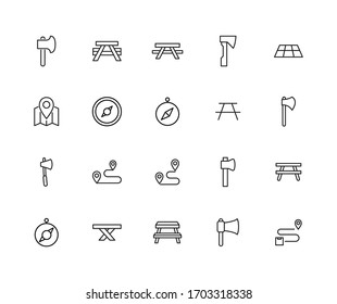 Big set of camping line icons. Vector illustration isolated on a white background. Premium quality symbols. Stroke vector icons for concept or web graphics. Simple thin line signs. 