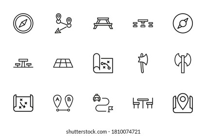 Big set of camping line icons. Vector illustration isolated on a white background. Premium quality symbols. Stroke vector icons for concept or web graphics. Simple thin line signs.