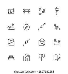 Gran conjunto de iconos de la línea de camping. Ilustración vectorial aislada en un fondo blanco. Símbolos de calidad premium. Iconos vectoriales de trazo para el concepto o gráficos web. Sencillos signos de línea delgada.